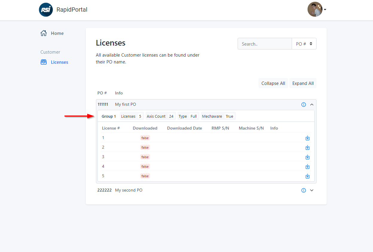 This particular PO only contains 1 PO Group. All 5 licenses in this PO Group will be identical.